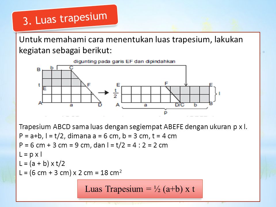 Untuk memahami cara menentukan luas trapesium, lakukan kegiatan sebagai berikut: Trapesium ABCD sama luas dengan segiempat ABEFE dengan ukuran p x l.