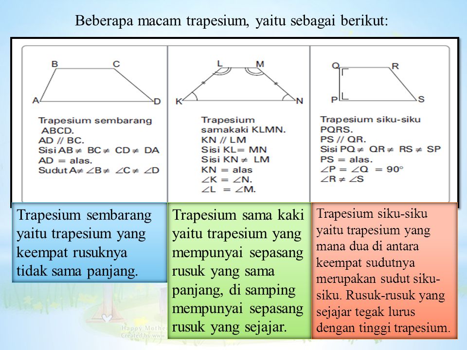 Beberapa macam trapesium, yaitu sebagai berikut: Trapesium sembarang yaitu trapesium yang keempat rusuknya tidak sama panjang.