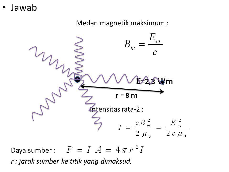 Jawab Medan magnetik maksimum : E=2,3 V/m r = 8 m Intensitas rata-2 : Daya sumber : r : jarak sumber ke titik yang dimaksud.