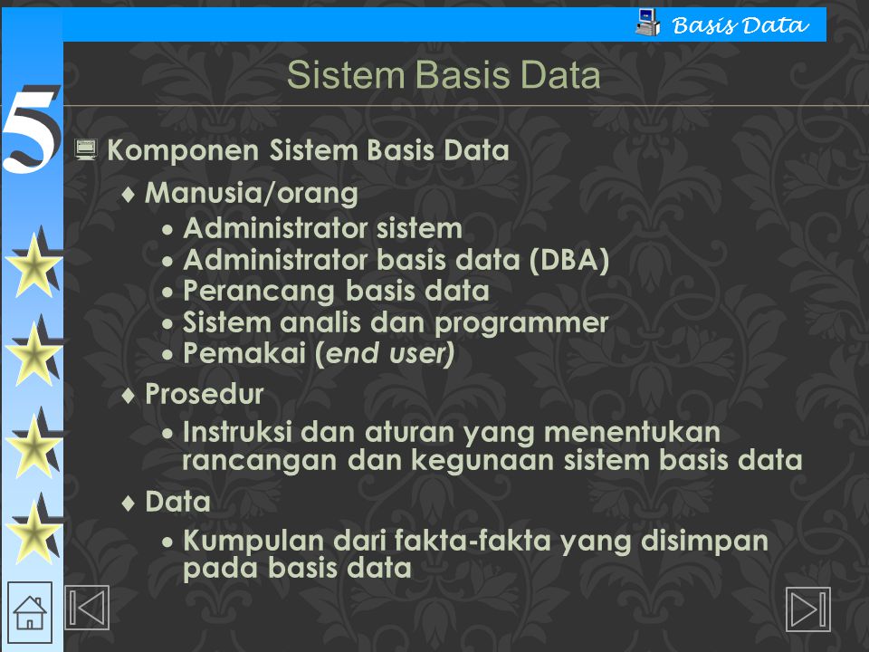 5 5 Basis Data  Komponen Sistem Basis Data  Manusia/orang  Administrator sistem  Administrator basis data (DBA)  Perancang basis data  Sistem analis dan programmer  Pemakai ( end user)  Prosedur  Instruksi dan aturan yang menentukan rancangan dan kegunaan sistem basis data  Data  Kumpulan dari fakta-fakta yang disimpan pada basis data Sistem Basis Data
