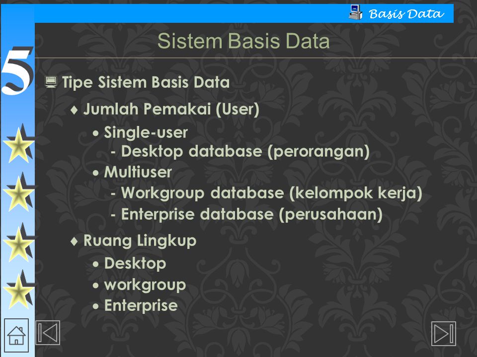 5 5 Basis Data  Tipe Sistem Basis Data  Jumlah Pemakai (User)  Single-user - Desktop database (perorangan)  Multiuser - Workgroup database (kelompok kerja) - Enterprise database (perusahaan)  Ruang Lingkup  Desktop  workgroup  Enterprise Sistem Basis Data