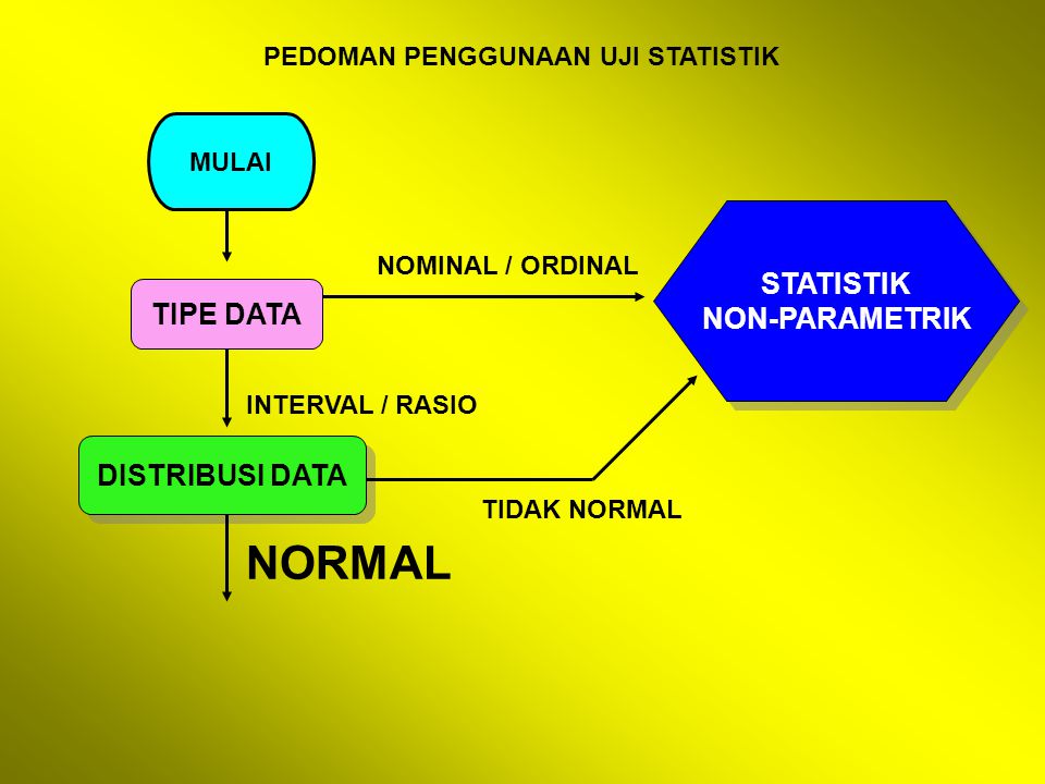 PEDOMAN PENGGUNAAN UJI STATISTIK MULAI TIPE DATA DISTRIBUSI DATA STATISTIK NON-PARAMETRIK STATISTIK NON-PARAMETRIK NOMINAL / ORDINAL INTERVAL / RASIO TIDAK NORMAL NORMAL