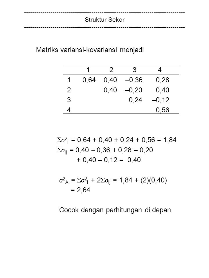 Struktur Sekor Matriks variansi-kovariansi menjadi ,64 0,40  0,36 0,28 2 0,40 –0,20 0,40 3 0,24 –0,12 4 0,56  2 i = 0,64 + 0,40 + 0,24 + 0,56 = 1,84  ij = 0,40  0,36 + 0,28 – 0,20 + 0,40 – 0,12 = 0,40  2 A =  2 i + 2  ij = 1,84 + (2)(0,40) = 2,64 Cocok dengan perhitungan di depan