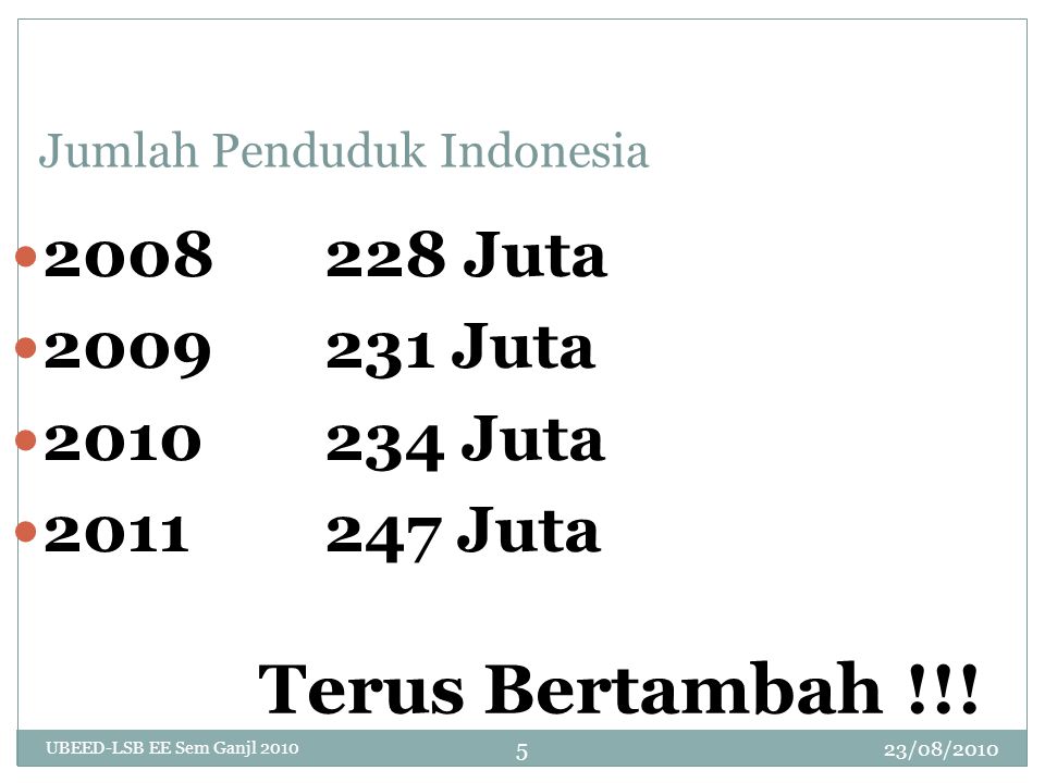 23/08/2010 UBEED-LSB EE Sem Ganjl Jumlah Penduduk Indonesia Juta Juta Juta Juta Terus Bertambah !!!