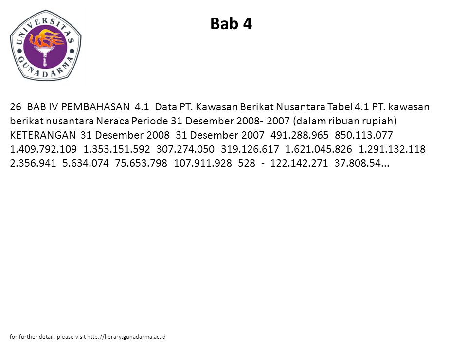 Bab 4 26 BAB IV PEMBAHASAN 4.1 Data PT. Kawasan Berikat Nusantara Tabel 4.1 PT.