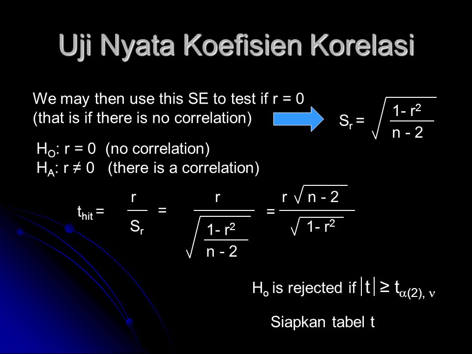 S r = 1- r 2 n - 2 We may then use this SE to test if r = 0 (that is if there is no correlation) H O : r = 0 (no correlation) H A : r ≠ 0 (there is a correlation) t hit = r SrSr H o is rejected if t ≥ t  (2), Siapkan tabel t = 1- r 2 n - 2 r Uji Nyata Koefisien Korelasi = n - 2r 1- r 2