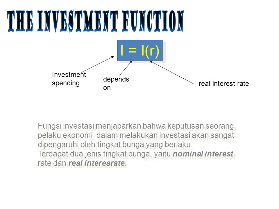 I = I(r) Investment spending depends on real interest rate Fungsi investasi menjabarkan bahwa keputusan seorang pelaku ekonomi dalam melakukan investasi akan sangat dipengaruhi oleh tingkat bunga yang berlaku.