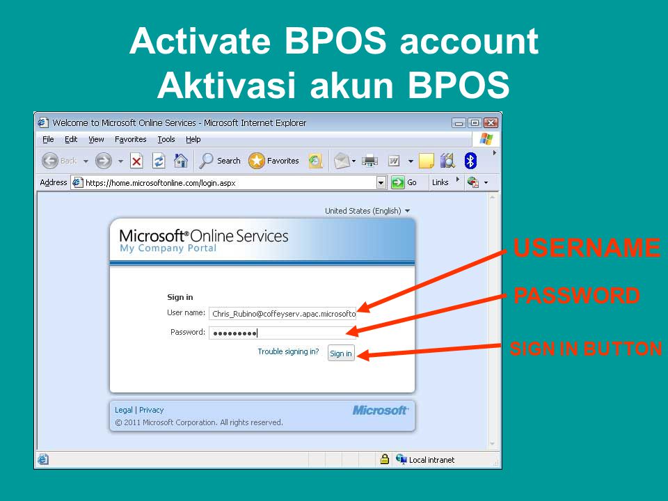 Activate BPOS account Aktivasi akun BPOS USERNAME PASSWORD SIGN IN BUTTON