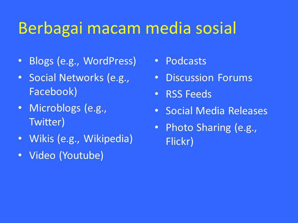 Berbagai macam media sosial • Blogs (e.g., WordPress) • Social Networks (e.g., Facebook) • Microblogs (e.g., Twitter) • Wikis (e.g., Wikipedia) • Video (Youtube) • Podcasts • Discussion Forums • RSS Feeds • Social Media Releases • Photo Sharing (e.g., Flickr)
