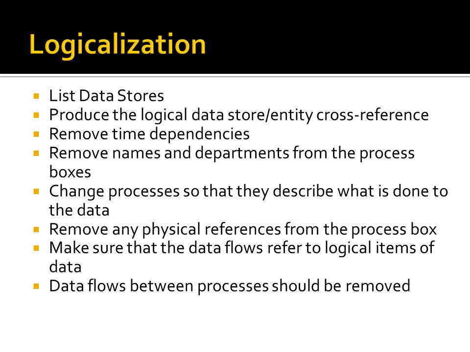  List Data Stores  Produce the logical data store/entity cross-reference  Remove time dependencies  Remove names and departments from the process boxes  Change processes so that they describe what is done to the data  Remove any physical references from the process box  Make sure that the data flows refer to logical items of data  Data flows between processes should be removed
