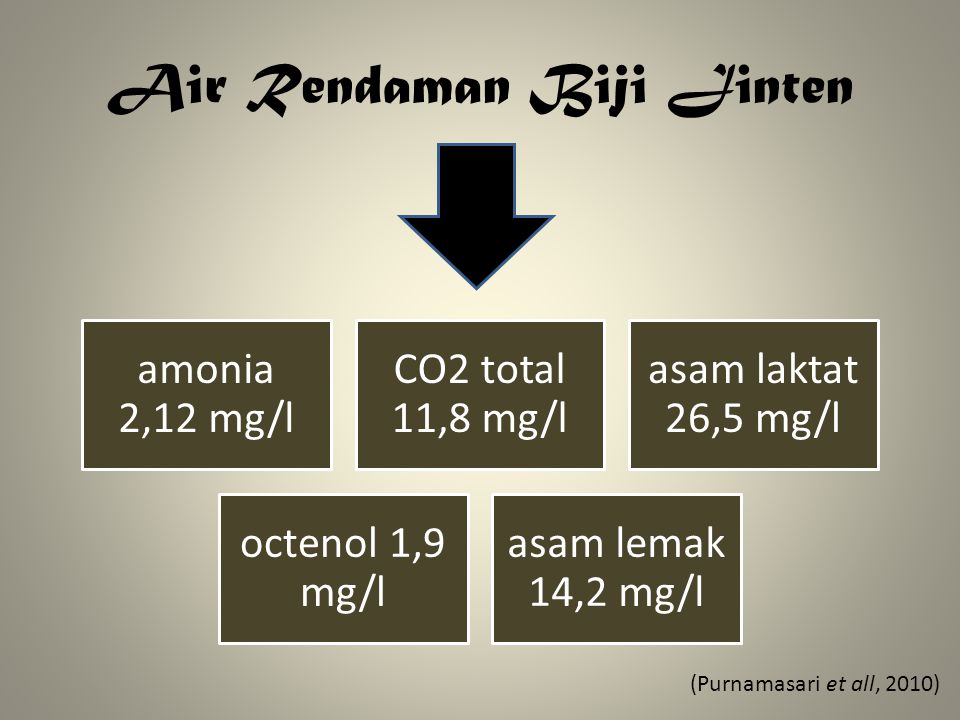 Air Rendaman Biji Jinten amonia 2,12 mg/l CO2 total 11,8 mg/l asam laktat 26,5 mg/l octenol 1,9 mg/l asam lemak 14,2 mg/l (Purnamasari et all, 2010)