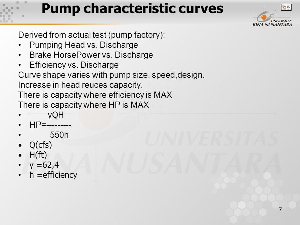 7 Pump characteristic curves Derived from actual test (pump factory): Pumping Head vs.