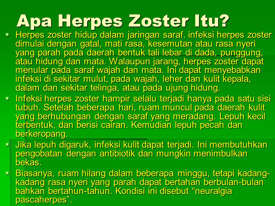  Herpes zoster hidup dalam jaringan saraf.
