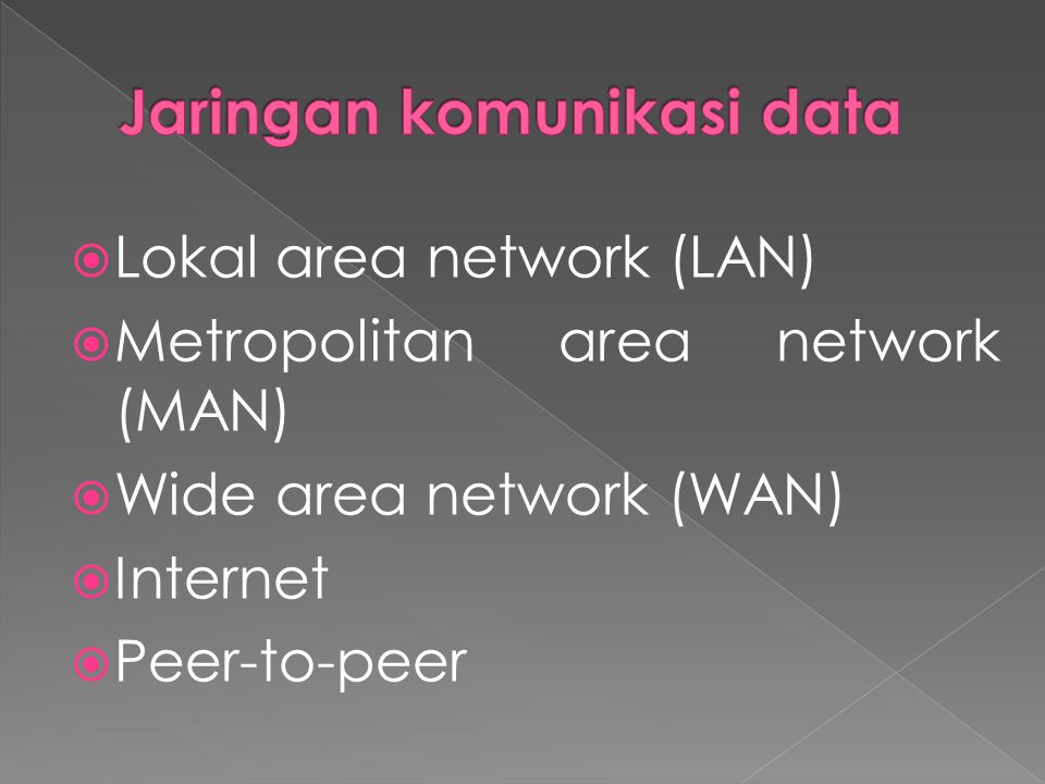  Lokal area network (LAN)  Metropolitan area network (MAN)  Wide area network (WAN)  Internet  Peer-to-peer
