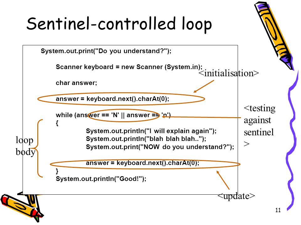 11 Sentinel-controlled loop System.out.print( Do you understand ); Scanner keyboard = new Scanner (System.in); char answer; answer = keyboard.next().charAt(0); while (answer == N || answer == n ) { System.out.println( I will explain again ); System.out.println( blah blah blah.. ); System.out.print( NOW do you understand ); answer = keyboard.next().charAt(0); } System.out.println( Good! ); loop body