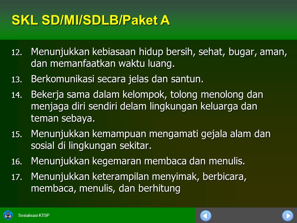 Sosialisasi KTSP SKL SD/MI/SDLB/Paket A 12.