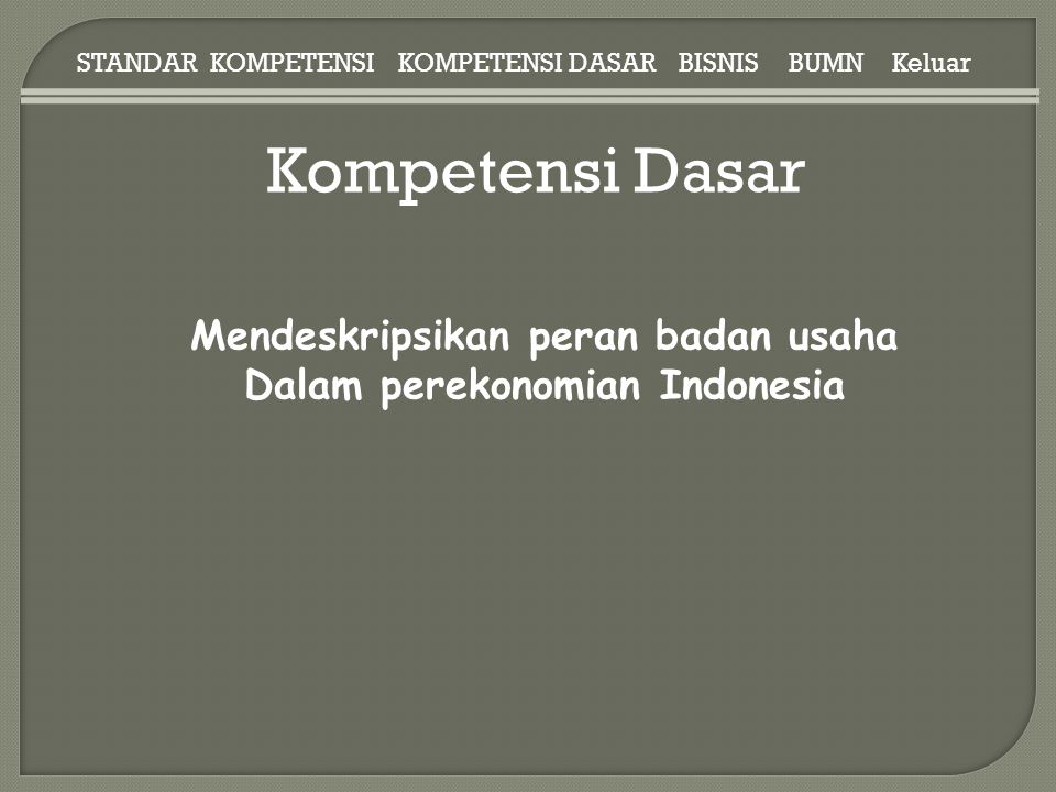 BISNISBUMN Kompetensi Dasar STANDAR KOMPETENSIKOMPETENSI DASAR Mendeskripsikan peran badan usaha Dalam perekonomian Indonesia Keluar