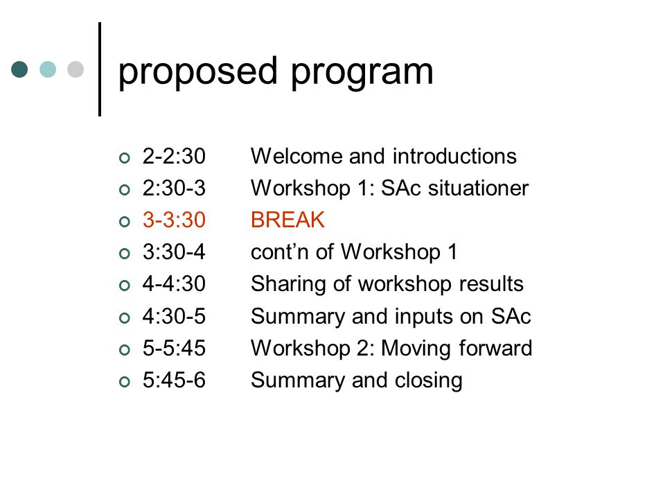 proposed program 2-2:30Welcome and introductions 2:30-3Workshop 1: SAc situationer 3-3:30BREAK 3:30-4cont’n of Workshop 1 4-4:30Sharing of workshop results 4:30-5Summary and inputs on SAc 5-5:45Workshop 2: Moving forward 5:45-6Summary and closing