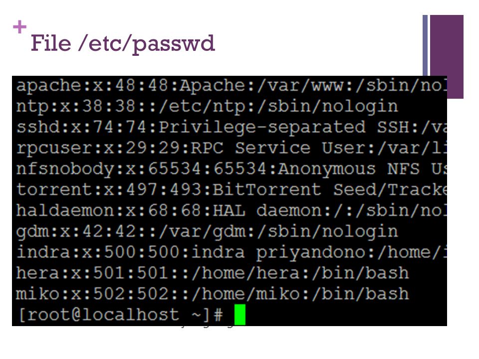 + File /etc/passwd Bagian-bagian baris dalam /etc/passwd : miko:x:502:502:user1:/home/miko:/bin/bash miko : nama login user tertentu x : password yang dienkripsi, disimpan di file /etc/shadow 500 : nomor UID (User ID) 500 : nomor GID (Group ID) user1 : komentar atau deskripsi nama login /home/miko : direktori home untuk user anton /bin/bash : default shell yang digunakan
