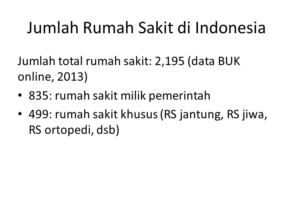 Jumlah Rumah Sakit di Indonesia Jumlah total rumah sakit: 2,195 (data BUK online, 2013) 835: rumah sakit milik pemerintah 499: rumah sakit khusus (RS jantung, RS jiwa, RS ortopedi, dsb)