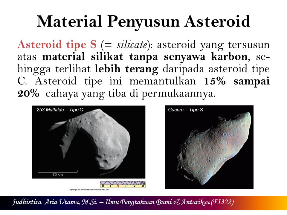 Material Penyusun Asteroid Asteroid tipe S (= silicate ): asteroid yang tersusun atas material silikat tanpa senyawa karbon, se- hingga terlihat lebih terang daripada asteroid tipe C.