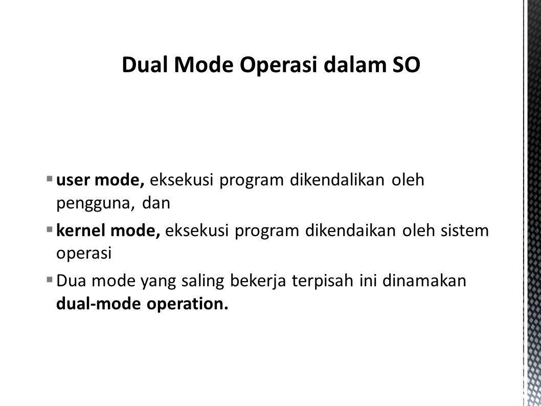 user mode, eksekusi program dikendalikan oleh pengguna, dan  kernel mode, eksekusi program dikendaikan oleh sistem operasi  Dua mode yang saling bekerja terpisah ini dinamakan dual-mode operation.