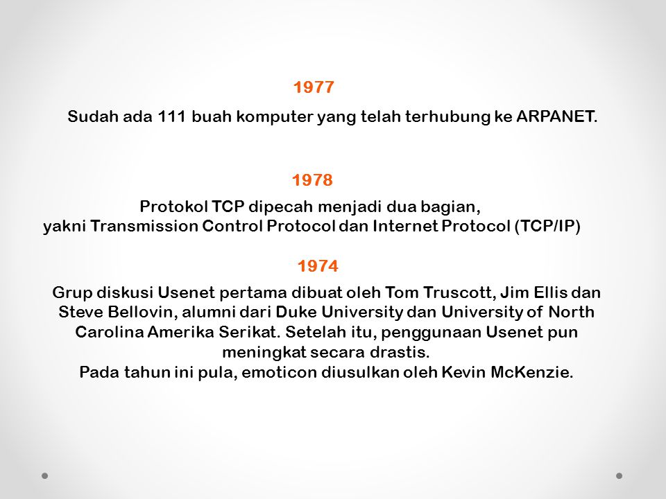 1977 Sudah ada 111 buah komputer yang telah terhubung ke ARPANET.