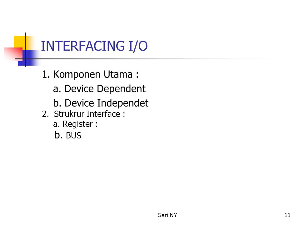 Sari NY11 INTERFACING I/O 1. Komponen Utama : a. Device Dependent b.