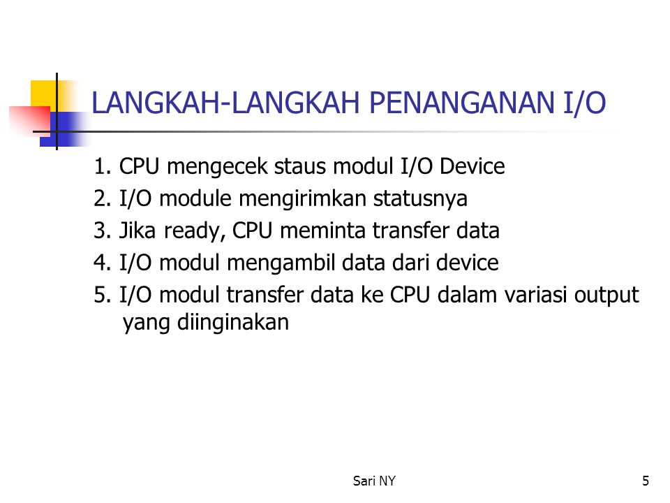 Sari NY5 LANGKAH-LANGKAH PENANGANAN I/O 1. CPU mengecek staus modul I/O Device 2.