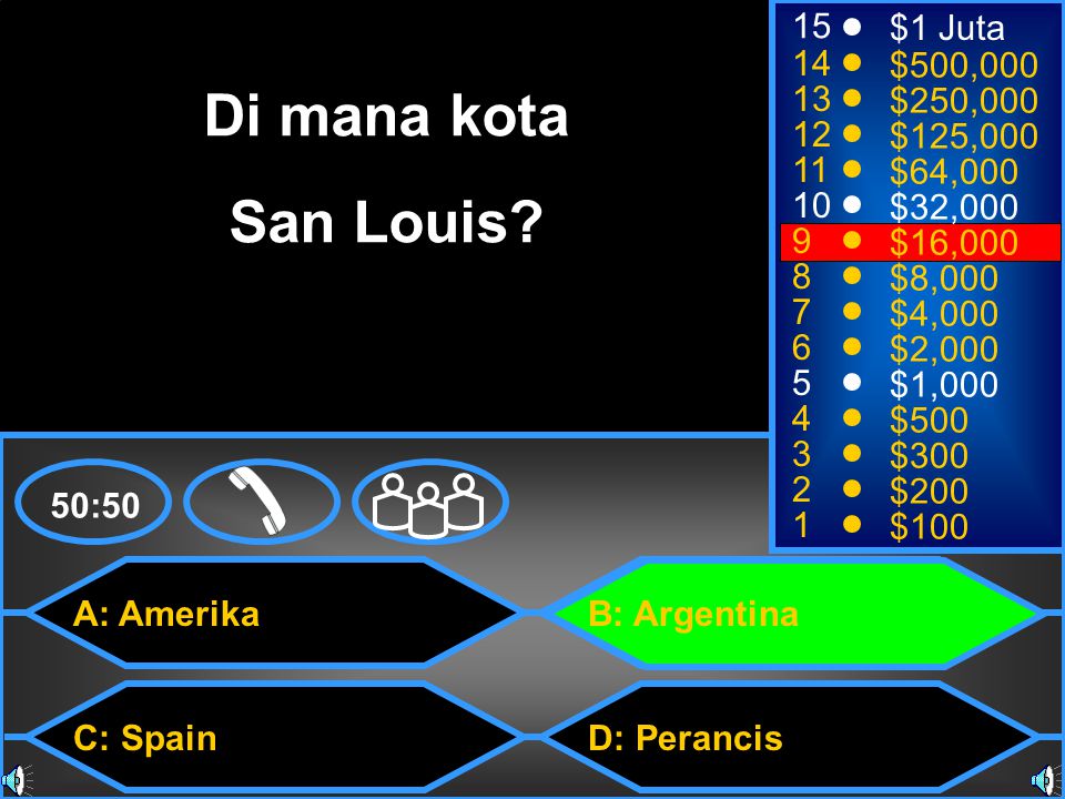 A: Amerika C: Spain B: Argentina D: Perancis 50: $1 Juta $500,000 $250,000 $125,000 $64,000 $32,000 $16,000 $8,000 $4,000 $2,000 $1,000 $500 $300 $200 $100 Di mana kota San Louis