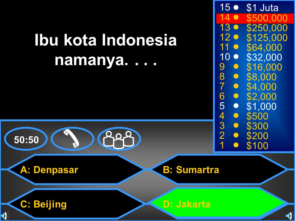 A: Denpasar C: Beijing B: Sumartra D: Jakarta 50: $1 Juta $500,000 $250,000 $125,000 $64,000 $32,000 $16,000 $8,000 $4,000 $2,000 $1,000 $500 $300 $200 $100 Ibu kota Indonesia namanya....