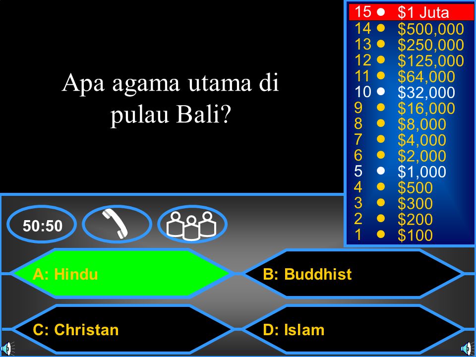 A: Hindu C: Christan B: Buddhist D: Islam 50: $1 Juta $500,000 $250,000 $125,000 $64,000 $32,000 $16,000 $8,000 $4,000 $2,000 $1,000 $500 $300 $200 $100 Apa agama utama di pulau Bali