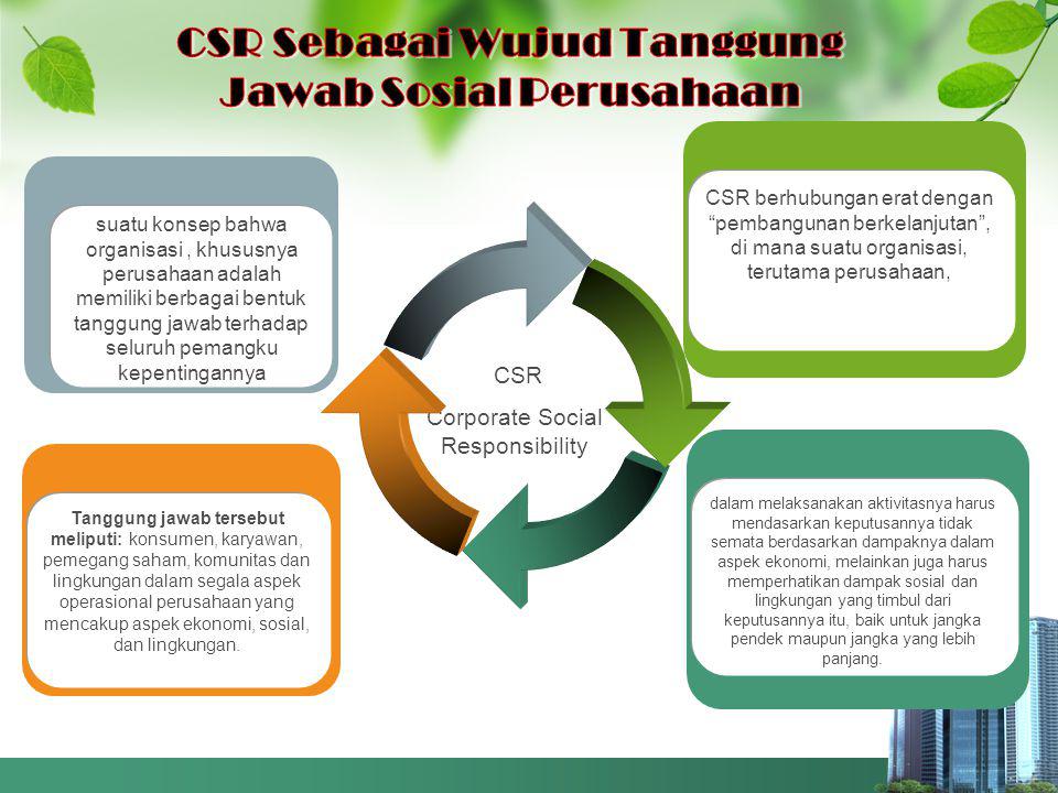 CSR Corporate Social Responsibility Tanggung jawab tersebut meliputi: konsumen, karyawan, pemegang saham, komunitas dan lingkungan dalam segala aspek operasional perusahaan yang mencakup aspek ekonomi, sosial, dan lingkungan.