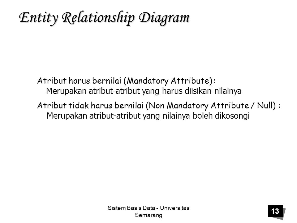 Sistem Basis Data - Universitas Semarang 13 Entity Relationship Diagram Atribut harus bernilai (Mandatory Attribute) : Merupakan atribut-atribut yang harus diisikan nilainya Atribut tidak harus bernilai (Non Mandatory Attribute / Null) : Merupakan atribut-atribut yang nilainya boleh dikosongi