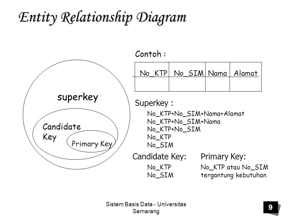 Sistem Basis Data - Universitas Semarang 9 Entity Relationship Diagram superkey Candidate Key Primary Key Contoh : No_KTP No_SIM Nama Alamat Superkey : No_KTP+No_SIM+Nama+Alamat No_KTP+No_SIM+Nama No_KTP+No_SIM No_KTP No_SIM Candidate Key: No_KTP No_SIM Primary Key: No_KTP atau No_SIM tergantung kebutuhan
