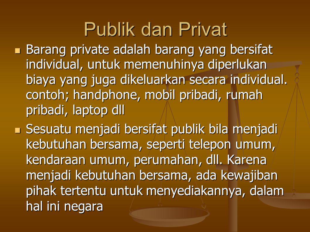 Publik dan Privat Barang private adalah barang yang bersifat individual, untuk memenuhinya diperlukan biaya yang juga dikeluarkan secara individual.