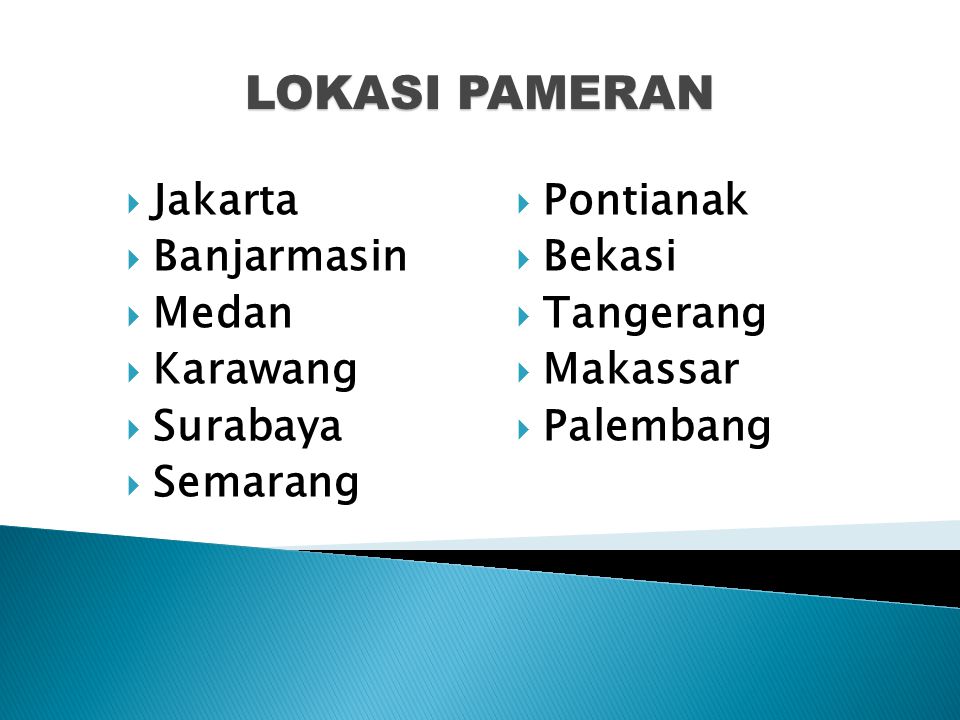 LOKASI PAMERAN  Jakarta  Banjarmasin  Medan  Karawang  Surabaya  Semarang  Pontianak  Bekasi  Tangerang  Makassar  Palembang