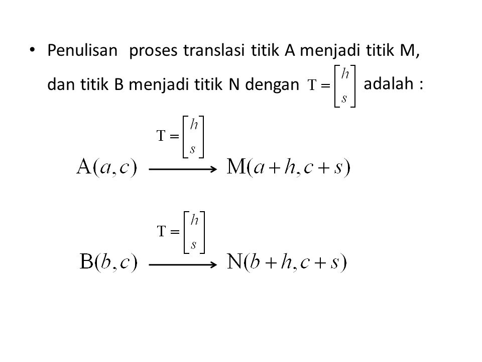 Penulisan proses translasi titik A menjadi titik M, dan titik B menjadi titik N dengan adalah :