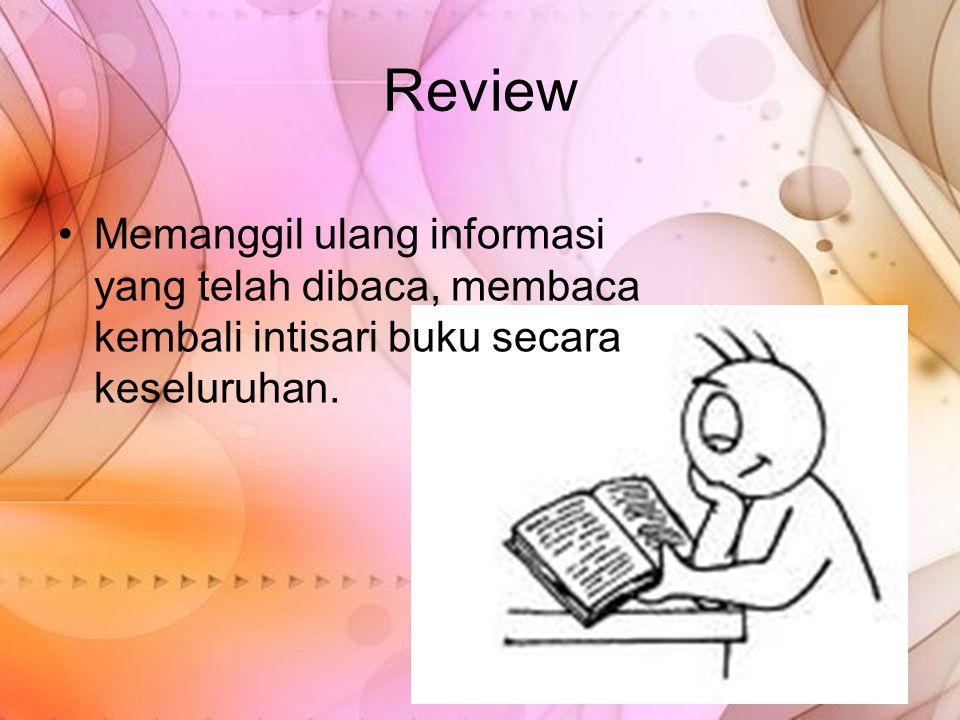 Review Memanggil ulang informasi yang telah dibaca, membaca kembali intisari buku secara keseluruhan.