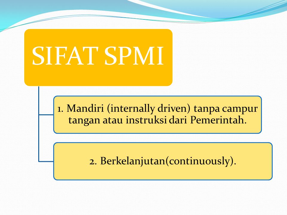 SIFAT SPMI 1. Mandiri (internally driven) tanpa campur tangan atau instruksi dari Pemerintah.