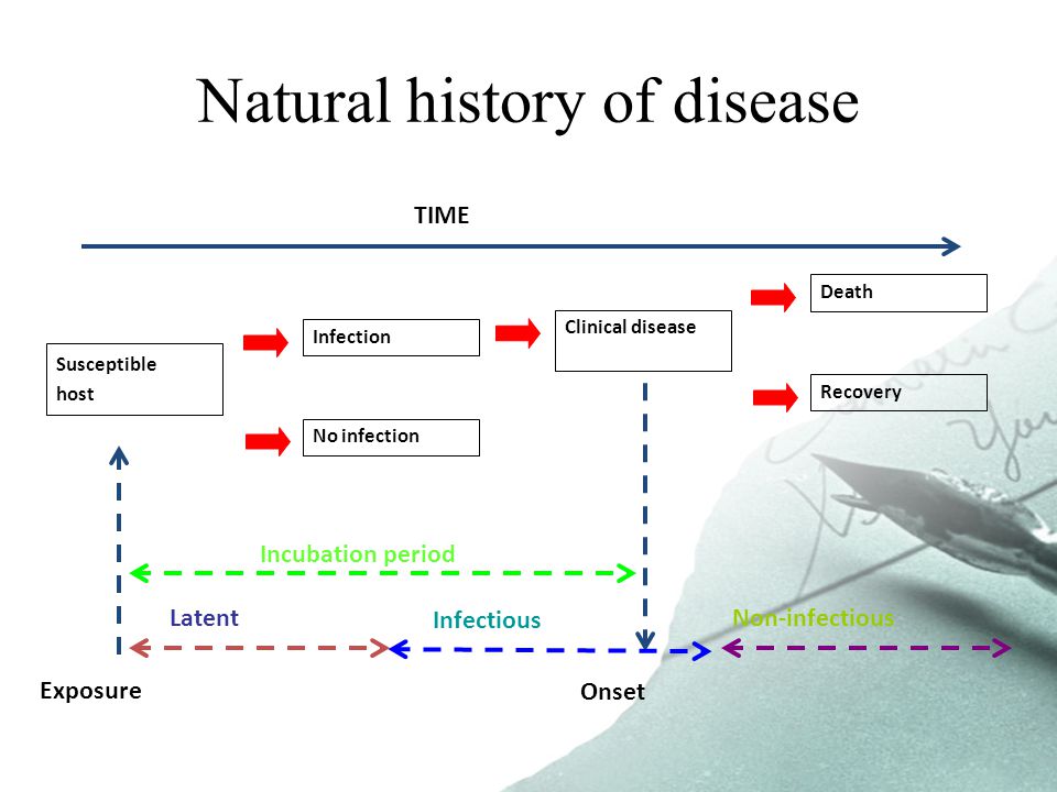 Natural history of disease Susceptible host TIME Incubation period Death Recovery Exposure Onset Latent Infectious Non-infectious Infection No infection Clinical disease
