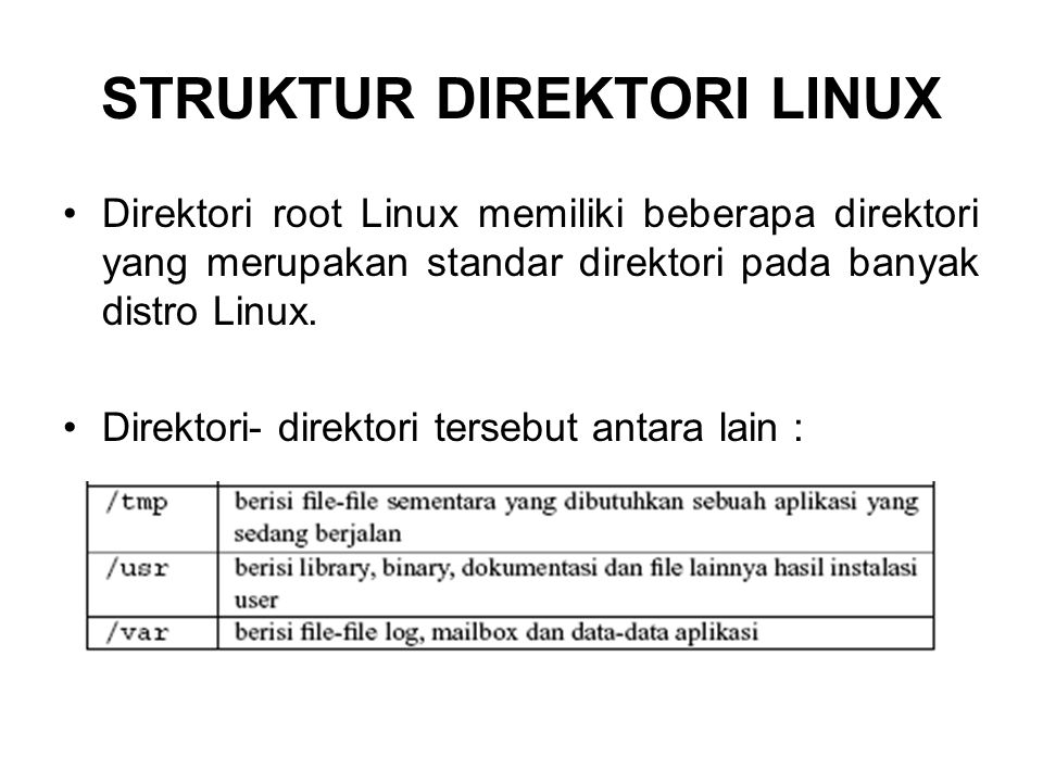 STRUKTUR DIREKTORI LINUX Direktori root Linux memiliki beberapa direktori yang merupakan standar direktori pada banyak distro Linux.