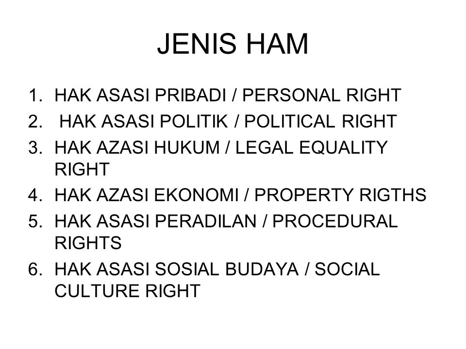 JENIS HAM 1.HAK ASASI PRIBADI / PERSONAL RIGHT 2.