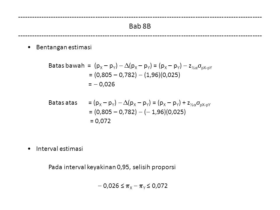Bab 8B Bentangan estimasi Batas bawah = (p X – p Y )   (p X – p Y ) = (p X – p Y )  z ½   pX-pY = (0,805 – 0,782)  (1,96)(0,025) =  0,026 Batas atas = (p X – p Y )   (p X – p Y ) = (p X – p Y ) + z ½   pX-pY = (0,805 – 0,782)  (  1,96)(0,025) = 0,072 Interval estimasi Pada interval keyakinan 0,95, selisih proporsi  0,026 ≤  X   Y ≤ 0,072