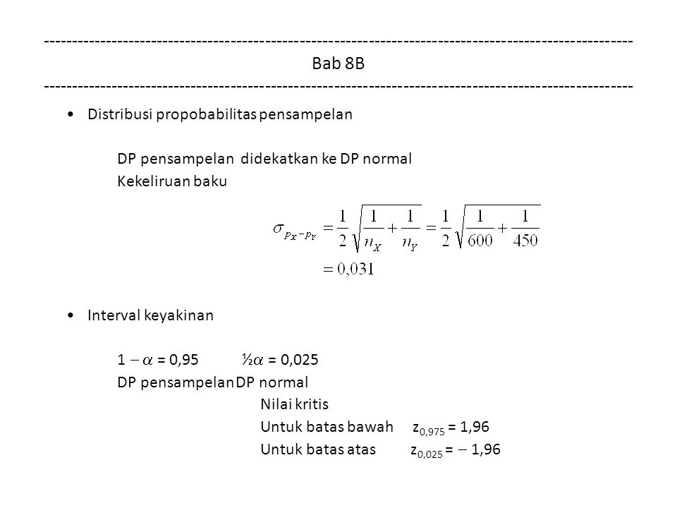 Bab 8B Distribusi propobabilitas pensampelan DP pensampelan didekatkan ke DP normal Kekeliruan baku Interval keyakinan 1   = 0,95 ½  = 0,025 DP pensampelanDP normal Nilai kritis Untuk batas bawah z 0,975 = 1,96 Untuk batas atas z 0,025 =  1,96