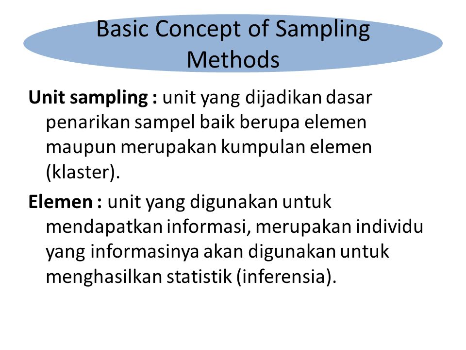 Unit sampling : unit yang dijadikan dasar penarikan sampel baik berupa elemen maupun merupakan kumpulan elemen (klaster).
