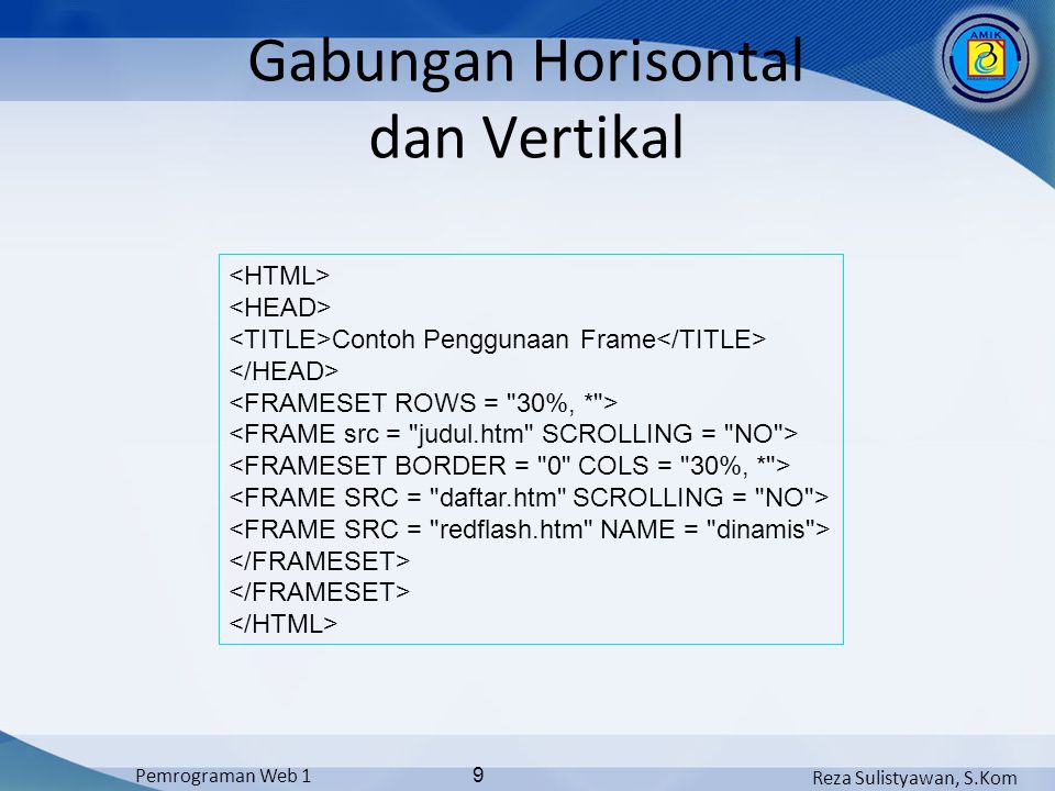 Reza Sulistyawan, S.Kom Pemrograman Web 1 9 Gabungan Horisontal dan Vertikal Contoh Penggunaan Frame