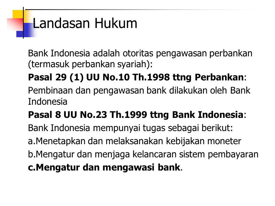 Landasan Hukum Bank Indonesia adalah otoritas pengawasan perbankan (termasuk perbankan syariah): Pasal 29 (1) UU No.10 Th.1998 ttng Perbankan: Pembinaan dan pengawasan bank dilakukan oleh Bank Indonesia Pasal 8 UU No.23 Th.1999 ttng Bank Indonesia: Bank Indonesia mempunyai tugas sebagai berikut: a.Menetapkan dan melaksanakan kebijakan moneter b.Mengatur dan menjaga kelancaran sistem pembayaran c.Mengatur dan mengawasi bank.