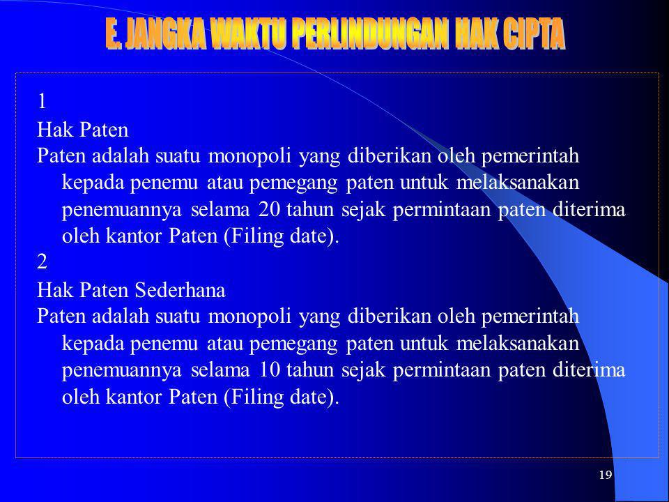 19 1 Hak Paten Paten adalah suatu monopoli yang diberikan oleh pemerintah kepada penemu atau pemegang paten untuk melaksanakan penemuannya selama 20 tahun sejak permintaan paten diterima oleh kantor Paten (Filing date).