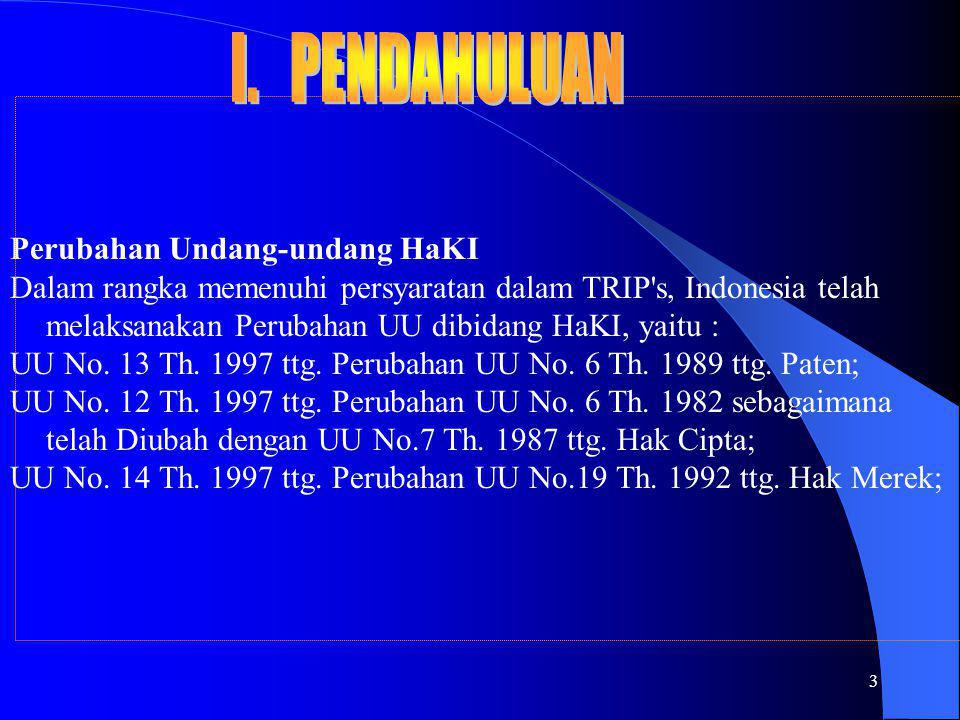 3 Perubahan Undang-undang HaKI Dalam rangka memenuhi persyaratan dalam TRIP s, Indonesia telah melaksanakan Perubahan UU dibidang HaKI, yaitu : UU No.